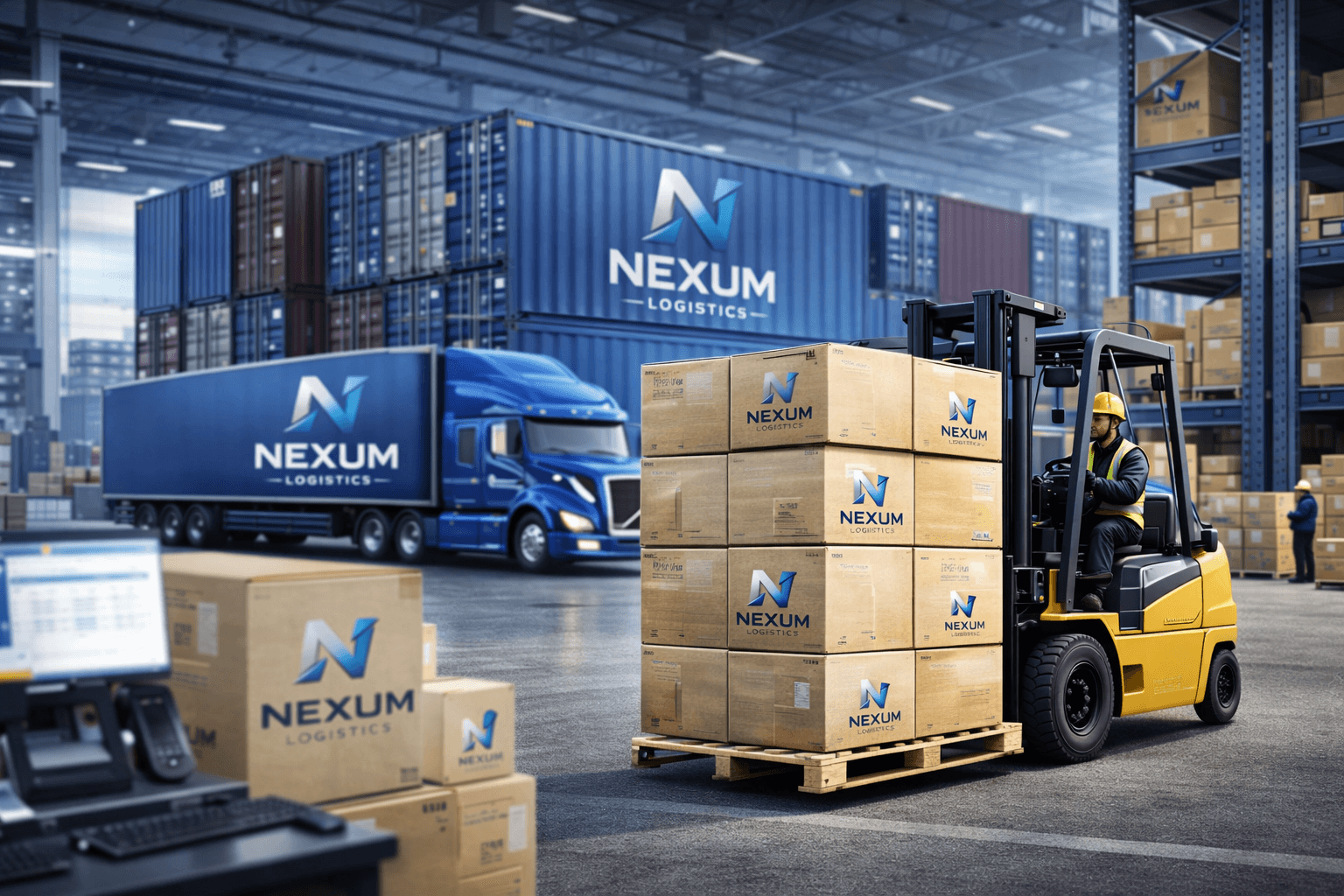 Bodega Nexum con montacargas y contenedores