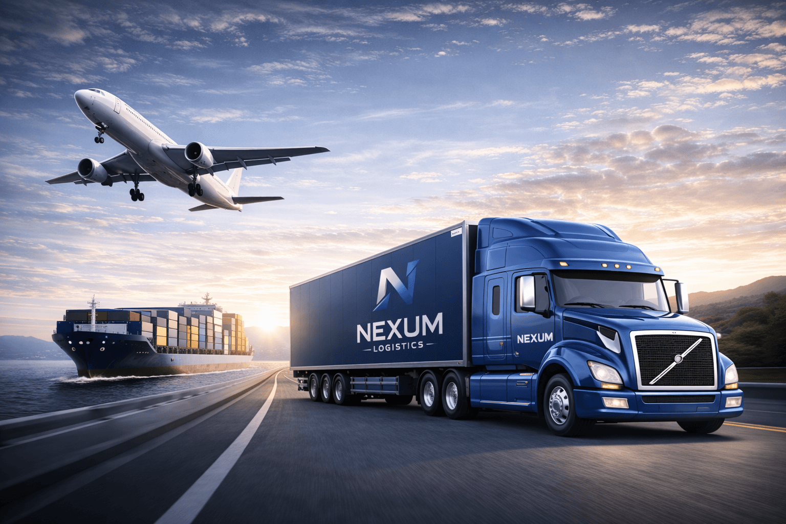 Camión Nexum en carretera con avión y barco